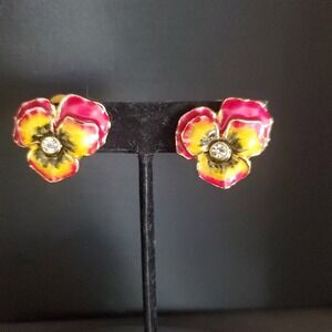 VTG Erwin Pearl Pansy Earrings Red & Yellow Enamel‎ Gold Tone Rhinestone Clip On